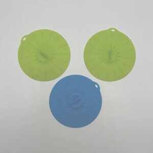Lot of 3 Norwex Reusable Silicone Cup Lid Covers 4.5 in Diameter Green Blue